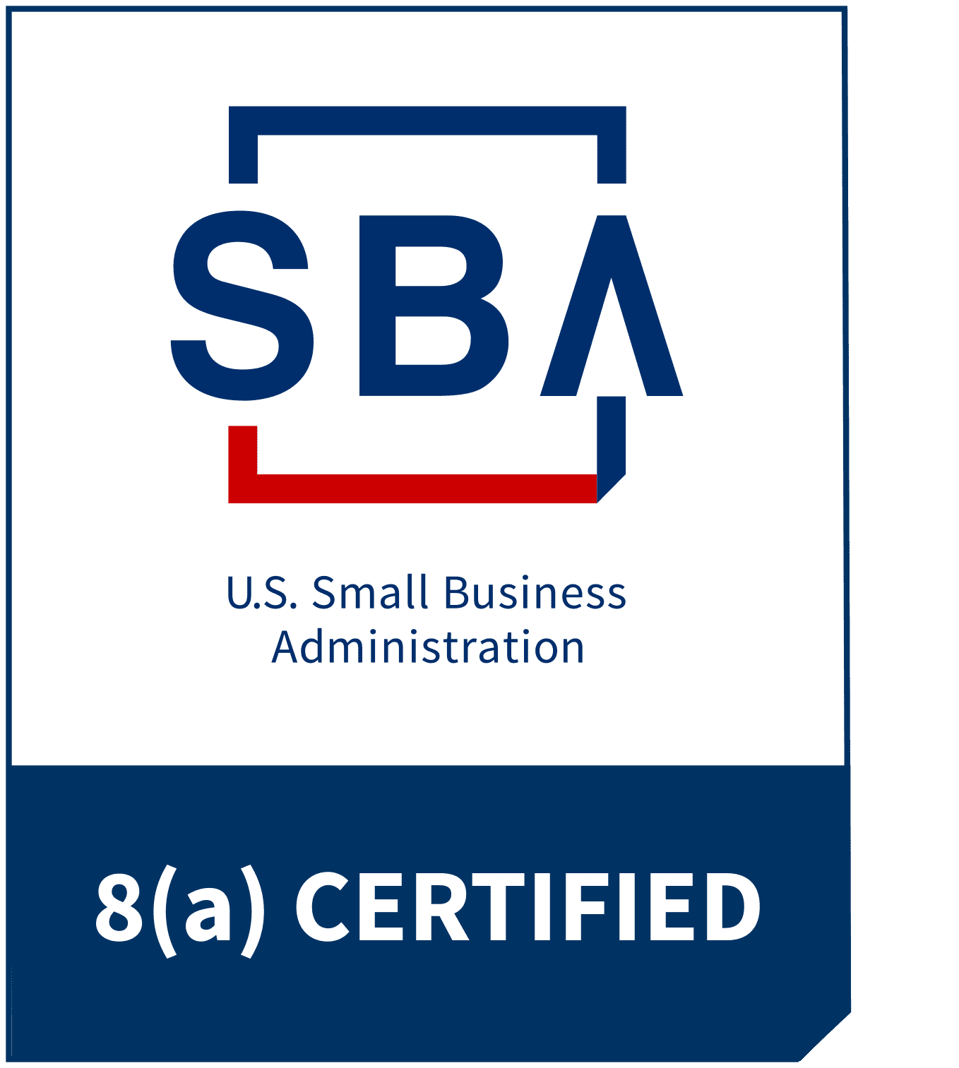 A logo featuring "SBA" in blue text with a red and blue border. Below, it reads "U.S. Small Business Administration" and "8(a) CERTIFIED" on a blue background.