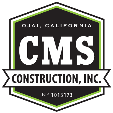 CMS Construction, Inc. logo with company name and location, Ojai, California. The logo features a hexagonal shape with black, white, and green accents and the license number 1013173.