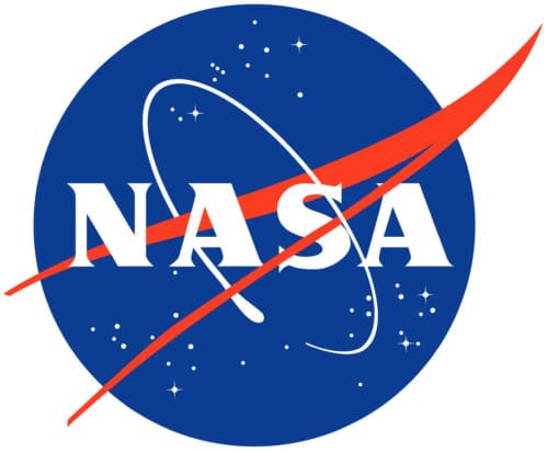 NASA logo featuring a blue circular background with white stars, red swoosh, white orbital path, and large white "NASA" text in the center.