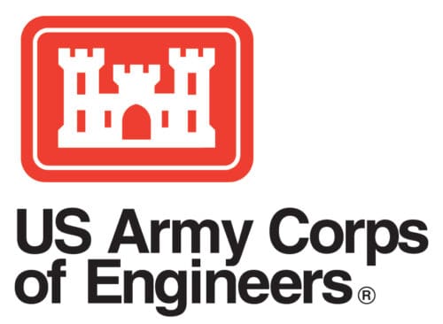 US Army Corps of Engineers logo featuring a red and white castle symbol above the organization's name in bold black text.