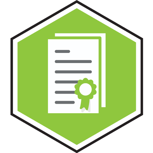 Hexagonal icon with a green background featuring a white document with horizontal lines and a green ribbon seal in the foreground.